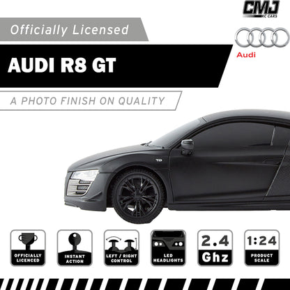 CMJ RC Cars Audi R8 GT - Black - 1:24 Scale Remote Control Car with LED Headlights and 2.4GHz Racing Frequency