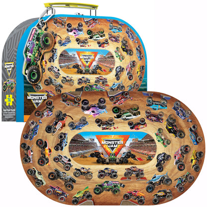 Monster Jam Giant Floor Puzzle 74-piece set featuring colorful monster trucks on sand arena background