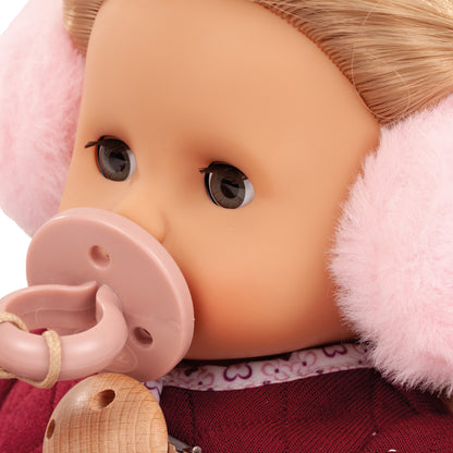Jubilee Muffin Doll 13 inch soft doll with brown hair, pink pacifier and fuzzy pink ears