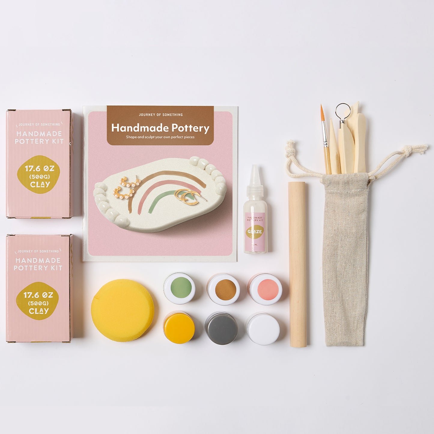 JOS Handmade Pottery Kit with clay, paints, brushes, and sculpting tools