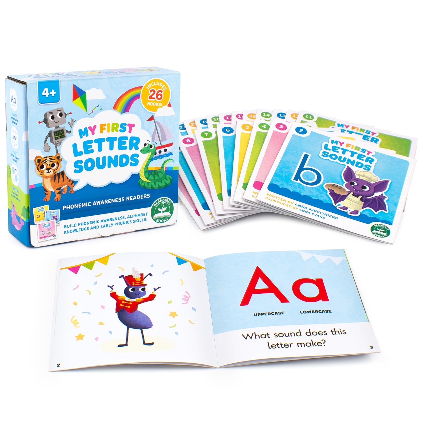 My First Letter Sounds 26-book set with colorful ABC cards and open book showing letter A phonemic awareness reader