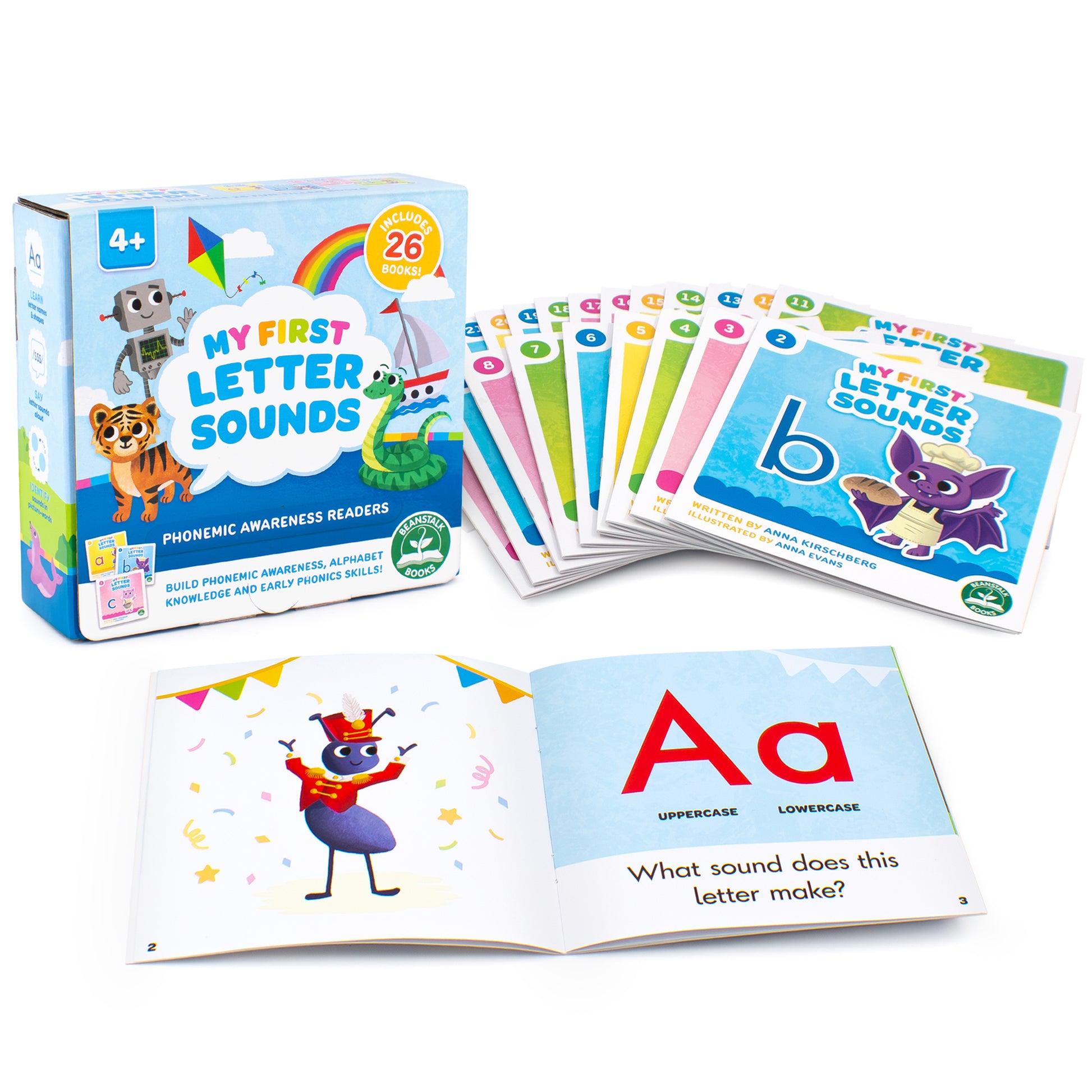 My First Letter Sounds 26-book set with colorful ABC cards and open book showing letter A phonemic awareness reader