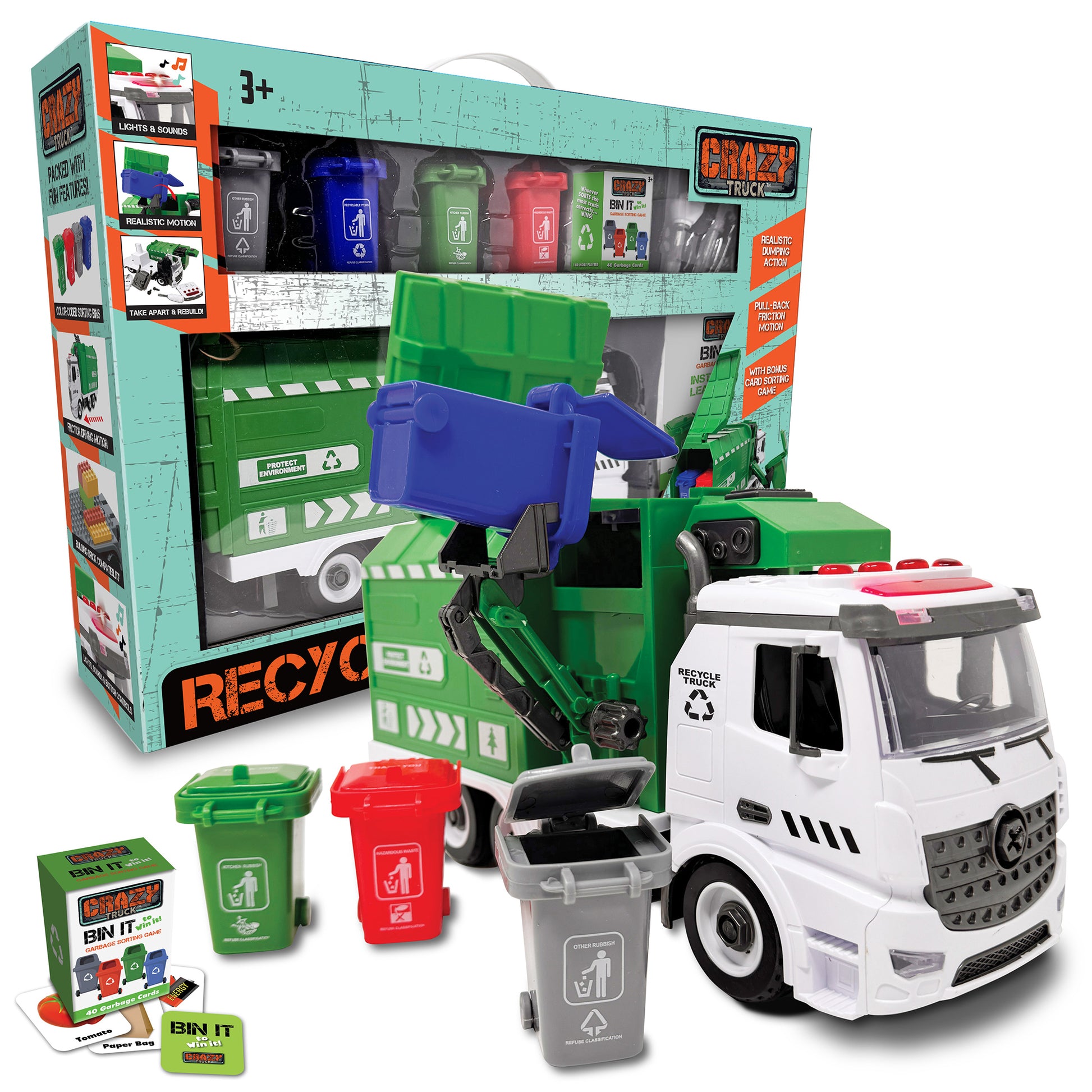 Crazy Truck City Recycler interactive toy set with white recycling truck, green and blue garbage cans, mini trash bins, and packaging box showing lights, sounds