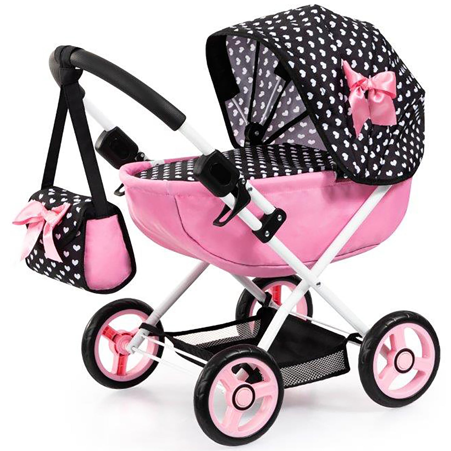 Bayer Design Dolls Pram Cosy with black and pink heart pattern, includes matching bag