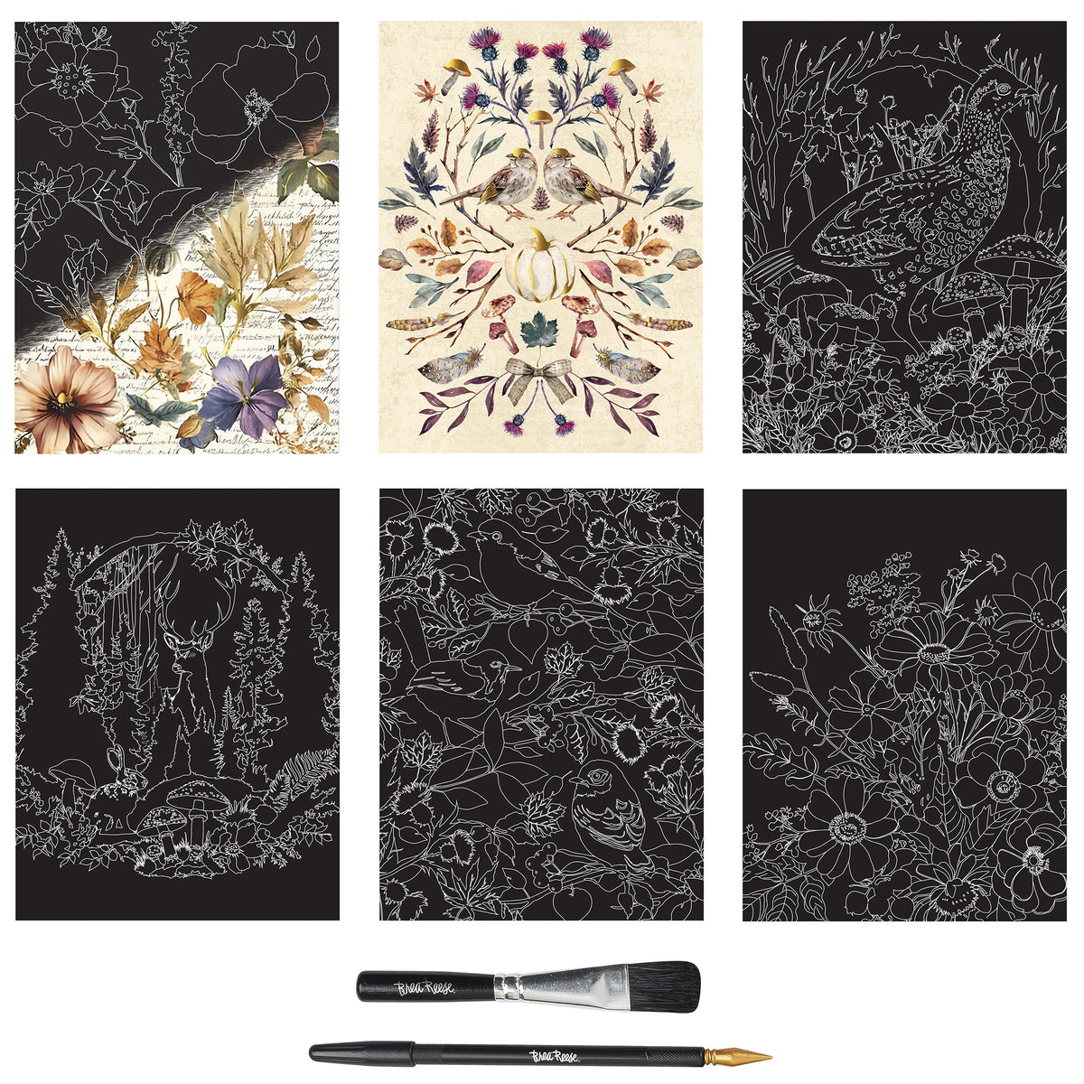 Scratch Art Paper Pad Woodland Songs with black and white floral designs and art tools