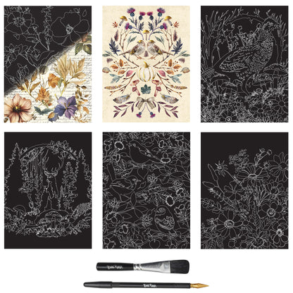 Scratch Art Paper Pad Woodland Songs with black and white floral designs and art tools