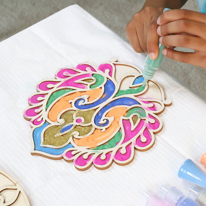 Make Your Own Wooden Rangoli craft kit with colorful painted pieces in pink, blue, green, and gold