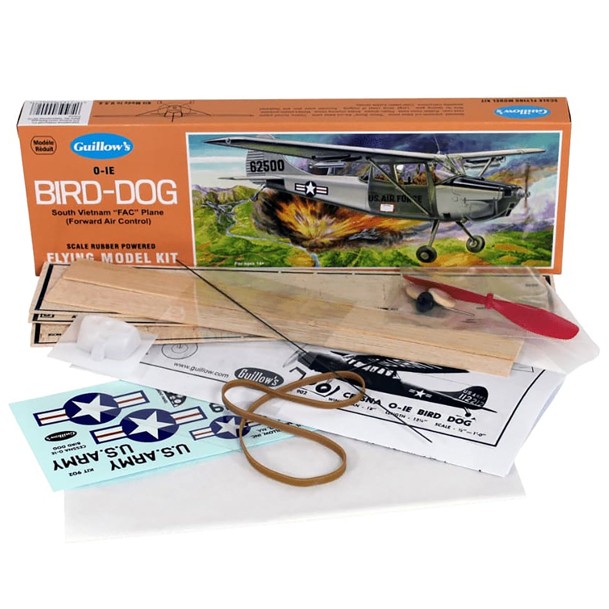 Guillow's O-1E Bird Dog rubber-powered balsa wood flying model kit with decals and propeller