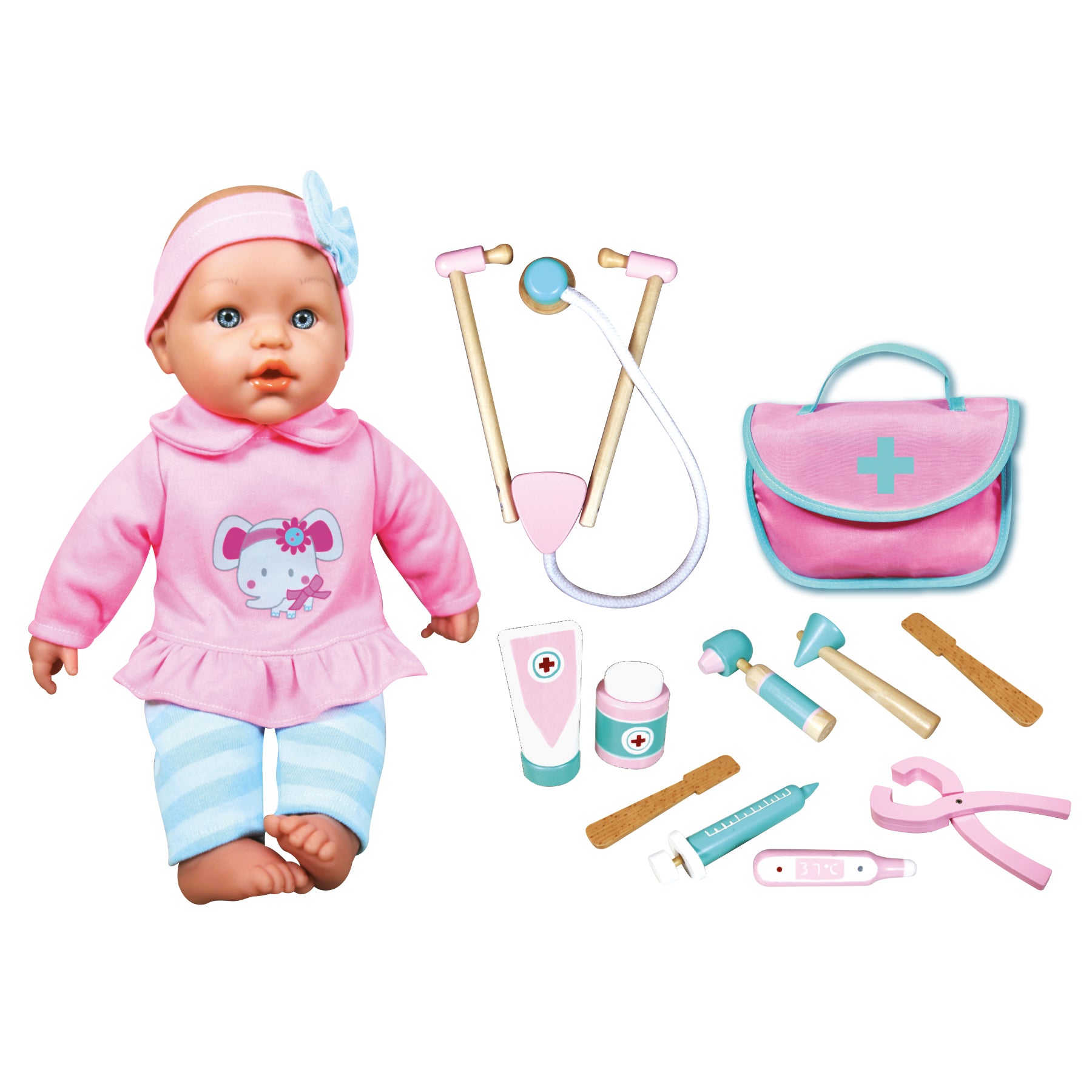 Baby doll in pink outfit with headband, striped blue and white leggings, displayed with doctor play set including stethoscope, medical bag, wooden tools, and ac