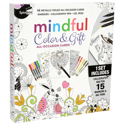 SpiceBox Sketch Plus Color & Gift card-making kit with 16 illustrated all-occasion cards, markers, gel pens, and...