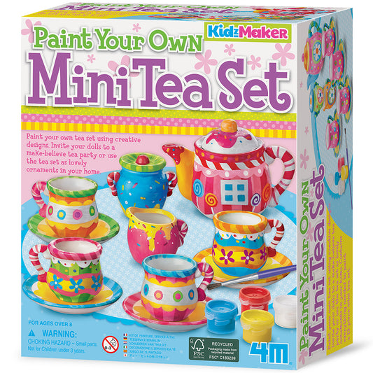 KidzMaker Paint Your Own Mini Tea Set with colorful teapot, cups, and saucers