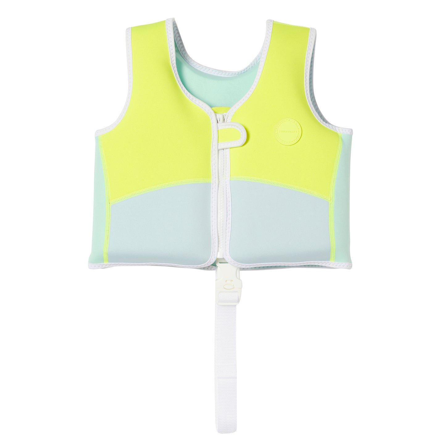Neon yellow and light blue swim vest with white trim and front zipper, designed for young children