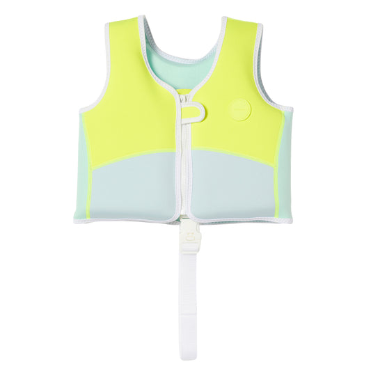 Neon yellow and light blue swim vest with white trim and front zipper, designed for young children