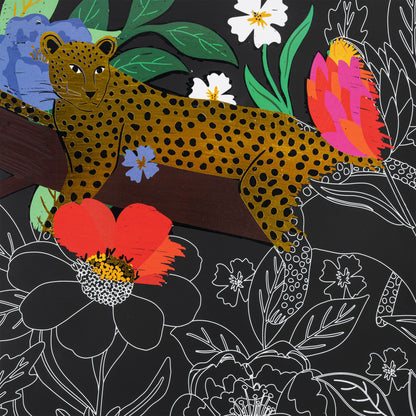 Scratch Art Kit Mythical Animals with colorful leopard and floral designs on black background