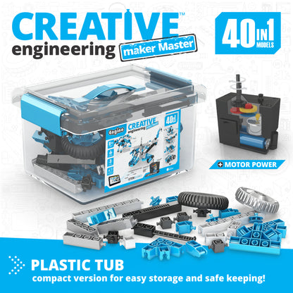 Engino Creative Engineering 40-in-1 Maker Master motorized STEM building set with blue and black plastic pieces in st...