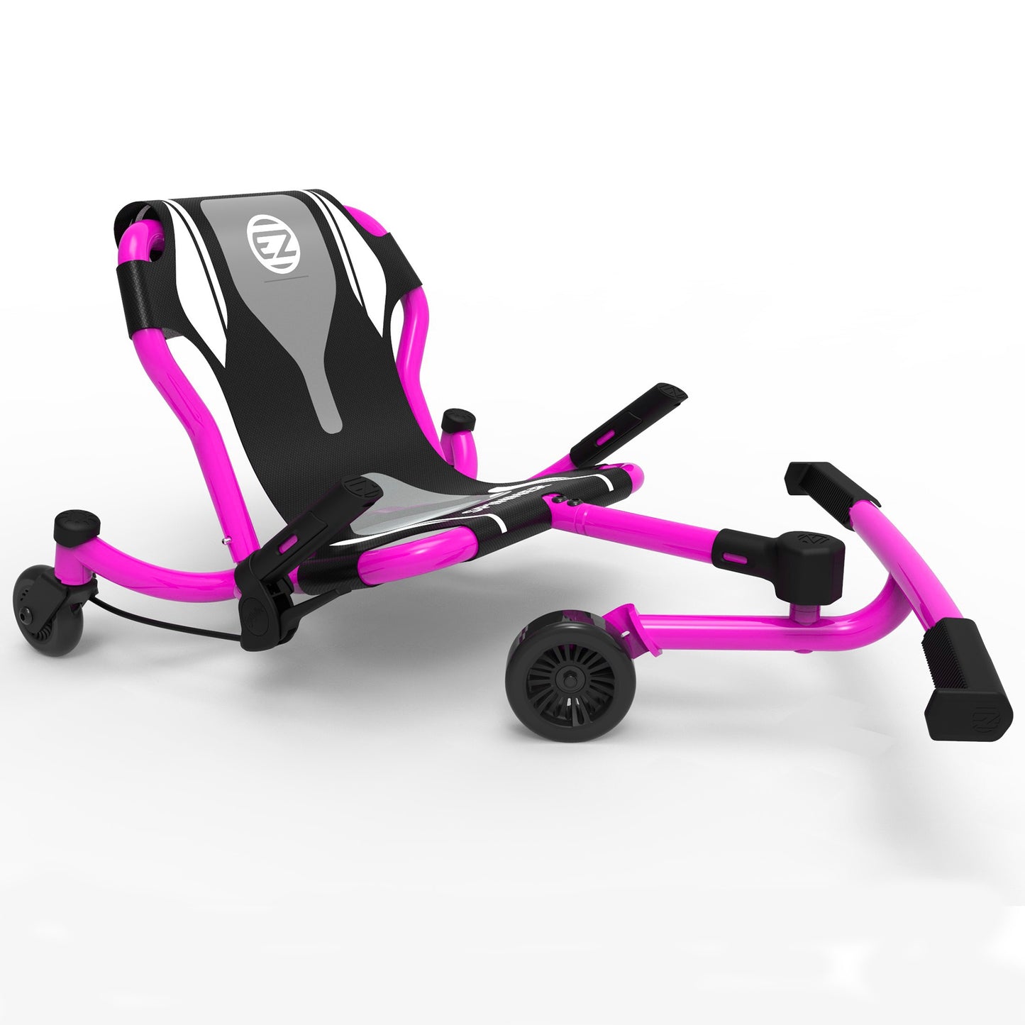 EzyRoller Spinner ride-on scooter in princess pink, black, and gray with 360-degree turning capability, shown against plain white background