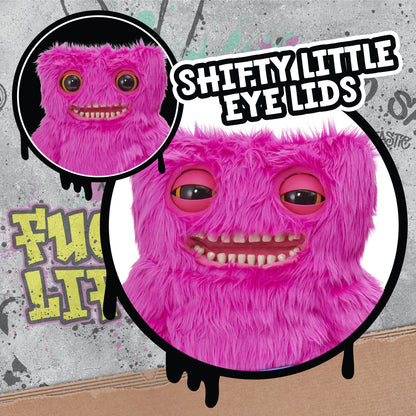 Fugglers Mr. Buttons pink plush toy with shifty eyes and creepy smile