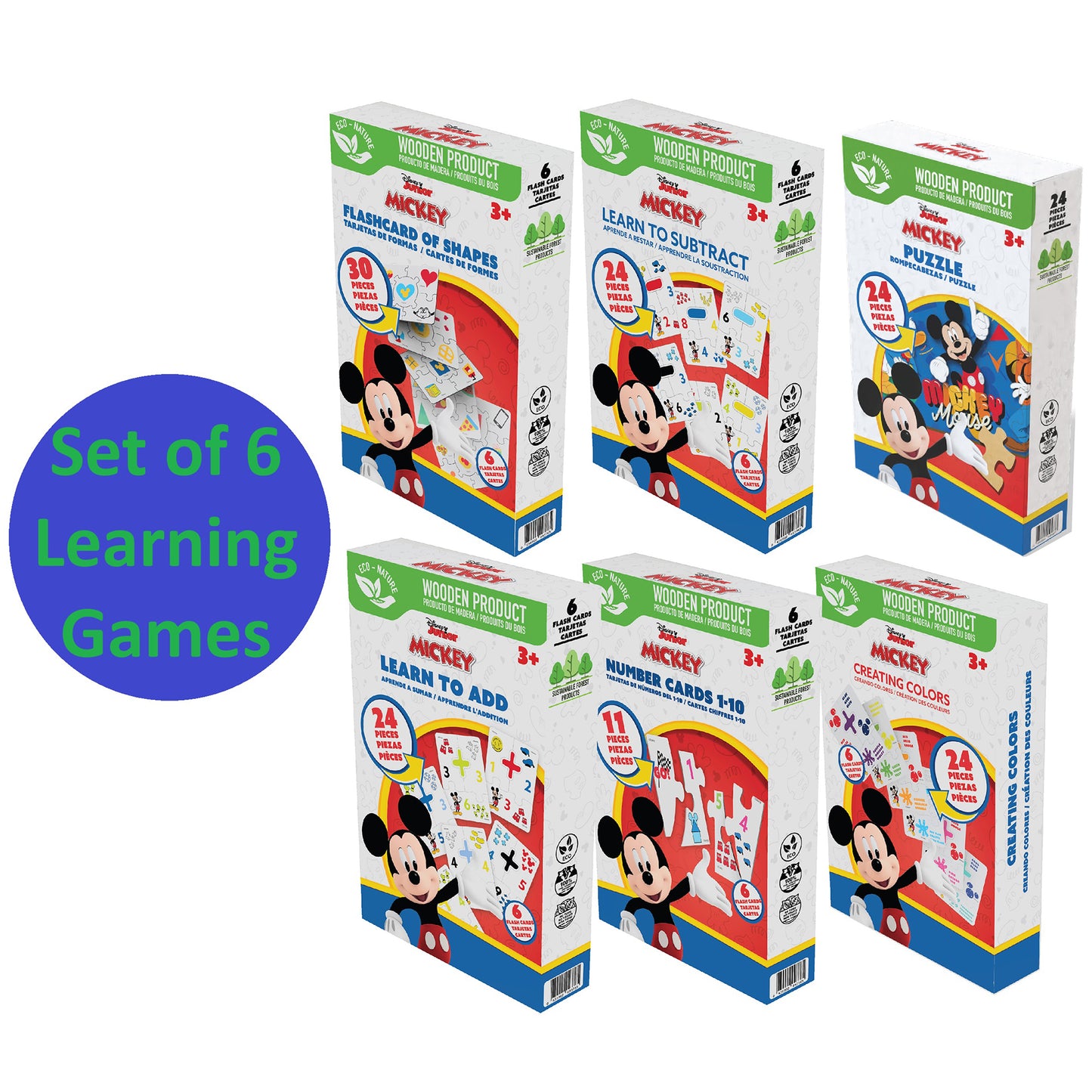 Disney Mickey Set of 6 Learning Games wooden educational toys for children ages 3+