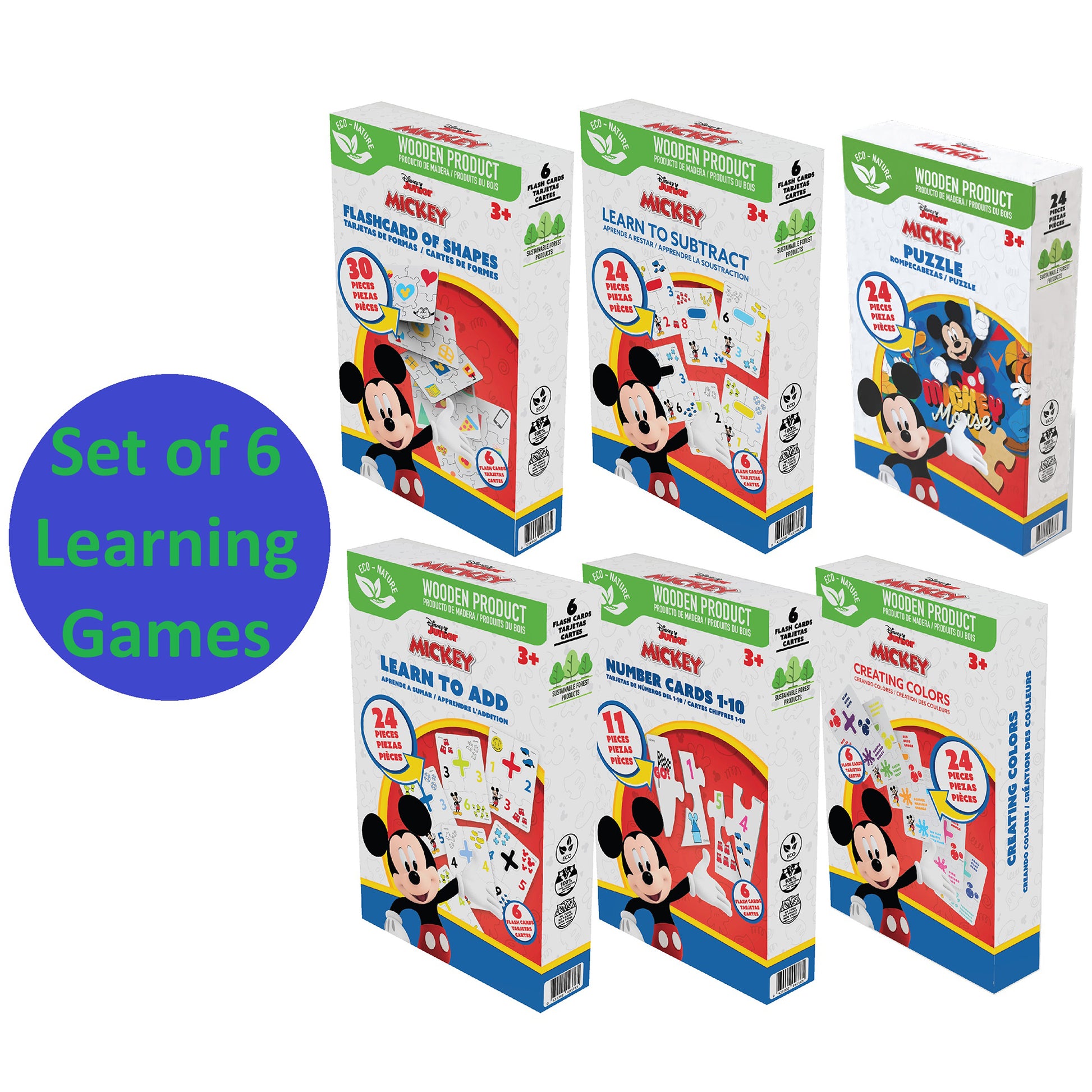 Disney Mickey Set of 6 Learning Games wooden educational toys for children ages 3+