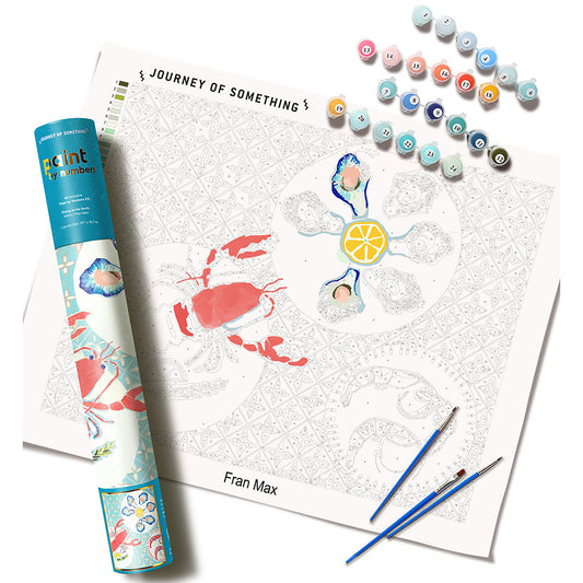 Journey of Something Paint By Numbers kit with numbered paint bottles, brushes, and ocean-themed coloring page