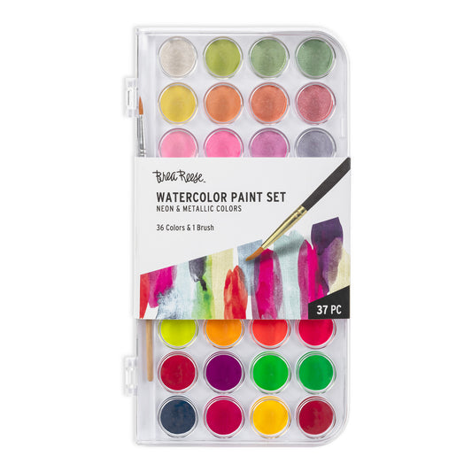 Brea Reese Watercolor Paint Set with 36 neon and metallic colors plus brush