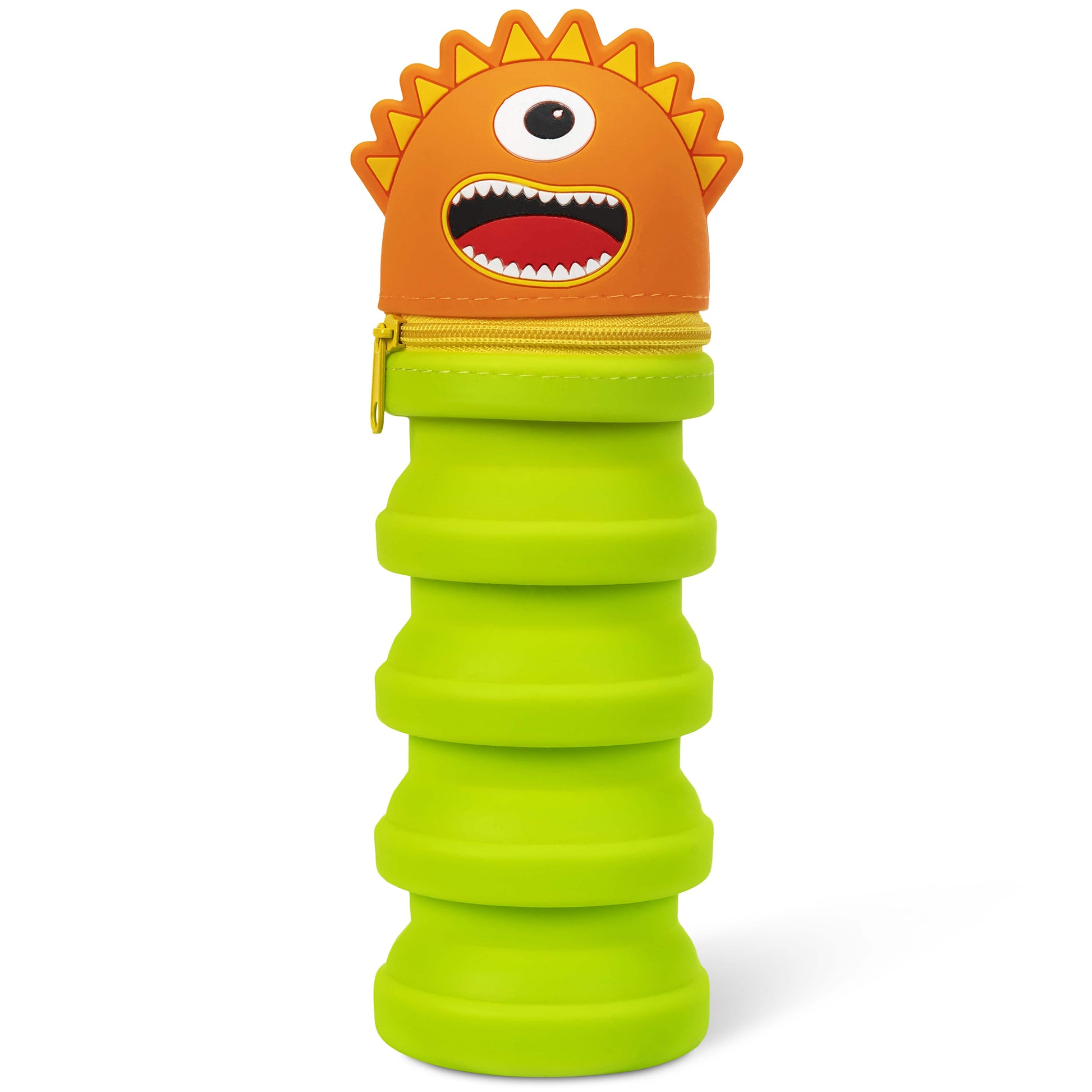 Monster Retractable Silicone Pencil Case with orange head and lime green body