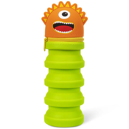 Monster Retractable Silicone Pencil Case with orange head and lime green body