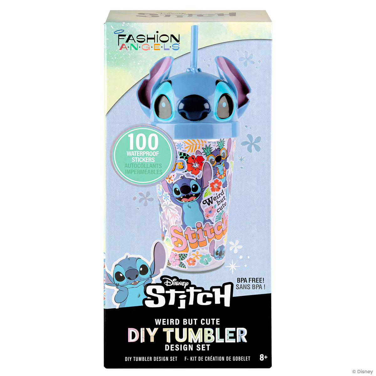 Disney Stitch DIY Tumbler Design Set with blue character cup and 100 waterproof stickers