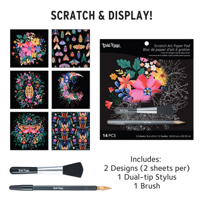 Bea Reese Scratch Art Paper Pad with colorful floral designs, dual-tip stylus, and brush
