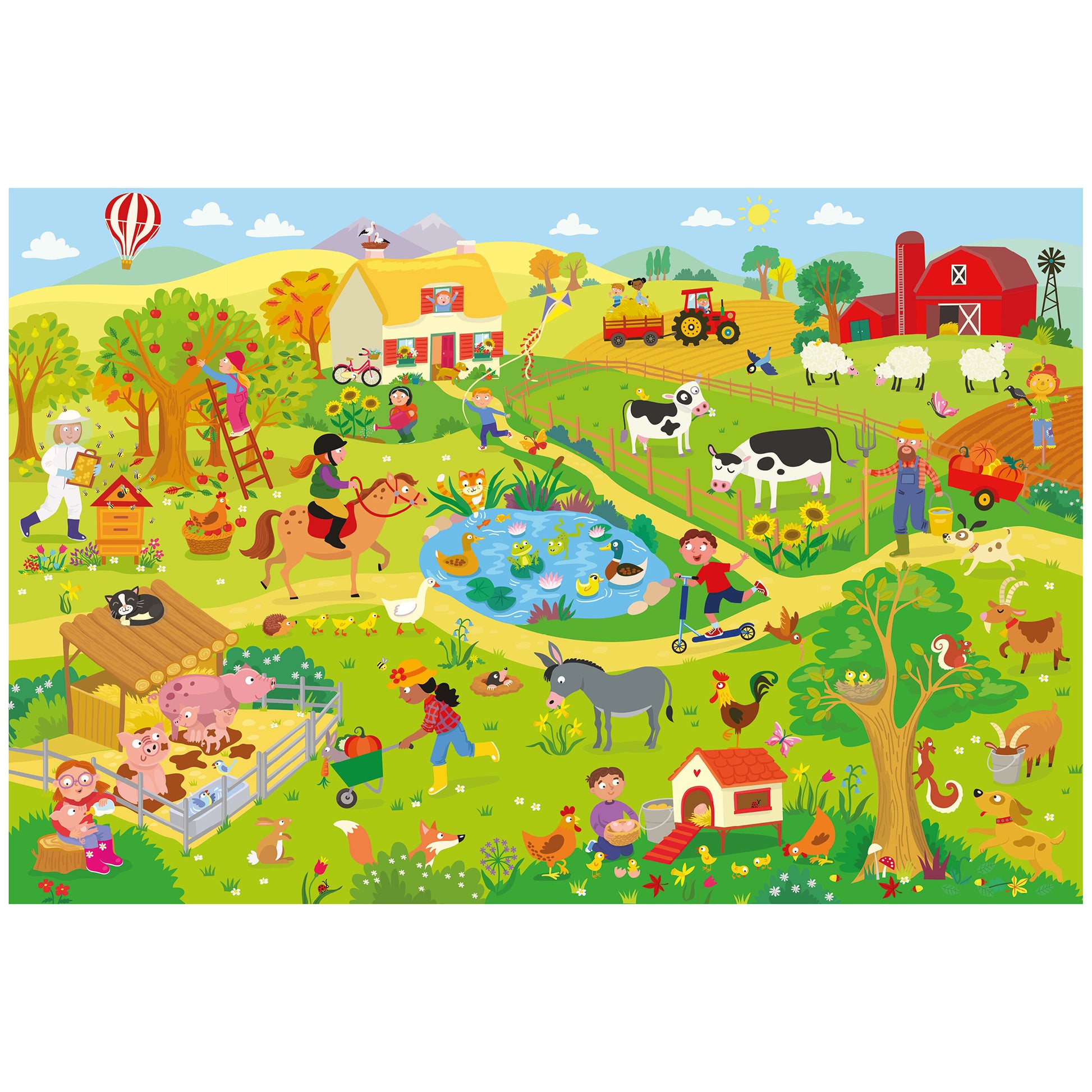 TEAMPUZZLE: On the Farm 194pc puzzle featuring colorful farm scene with animals, people, and buildings for ages 4+