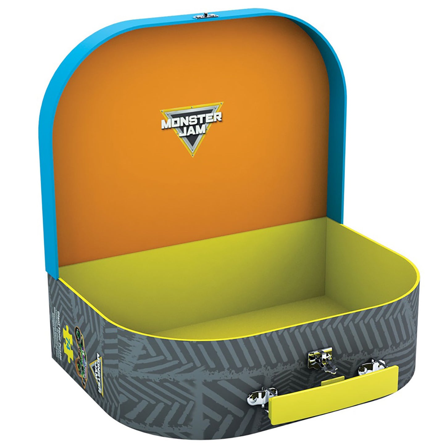 Monster Jam Giant Floor Puzzle 74 pieces in blue, yellow, and gray storage case for kids ages 4+