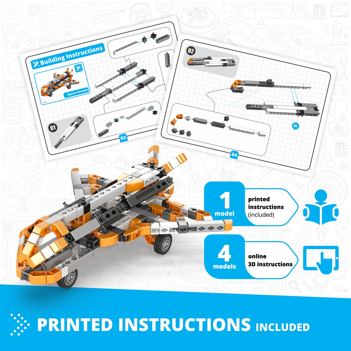 Engino Inventor Mechanics Space Shuttle 5-in-1 building set with orange and black snap construction pieces and printe...