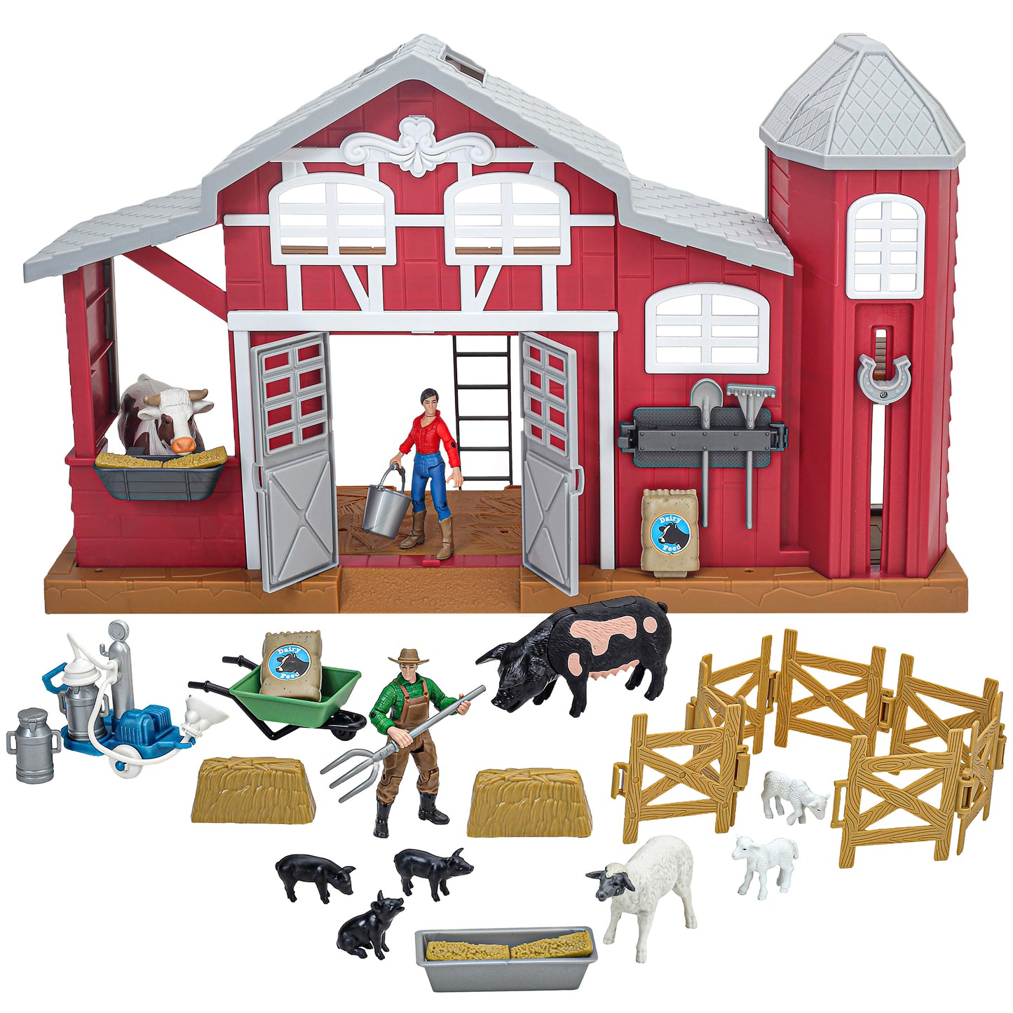Big Country Toys Dairy Barn Playset red barn with 38 pieces including farmers, black and white cows, fencing, and acc...