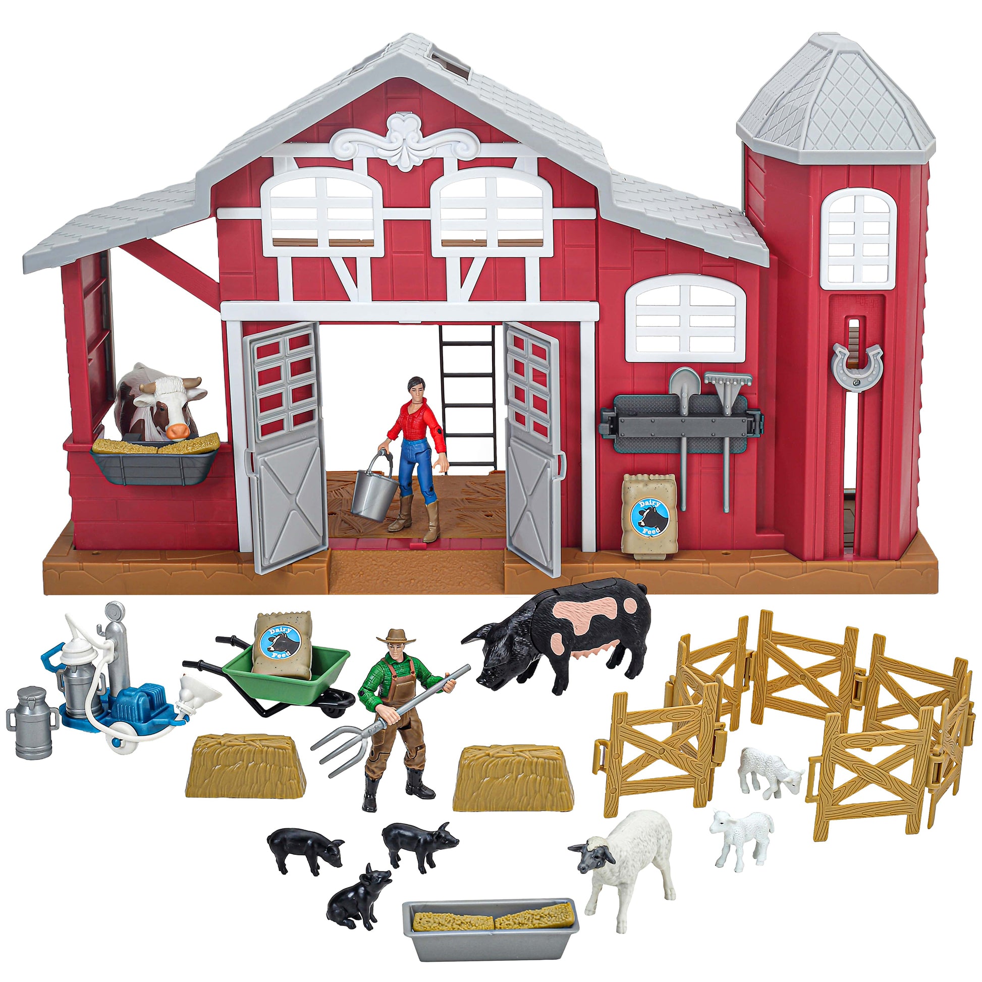 Big Country Toys Dairy Barn Playset red barn with 38 pieces including farmers, black and white cows, fencing, and acc...