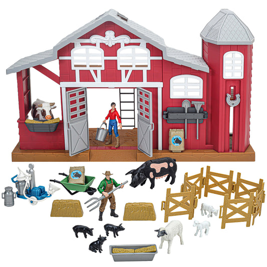 Big Country Toys Dairy Barn Playset red barn with 38 pieces including farmers, black and white cows, fencing, and acc...