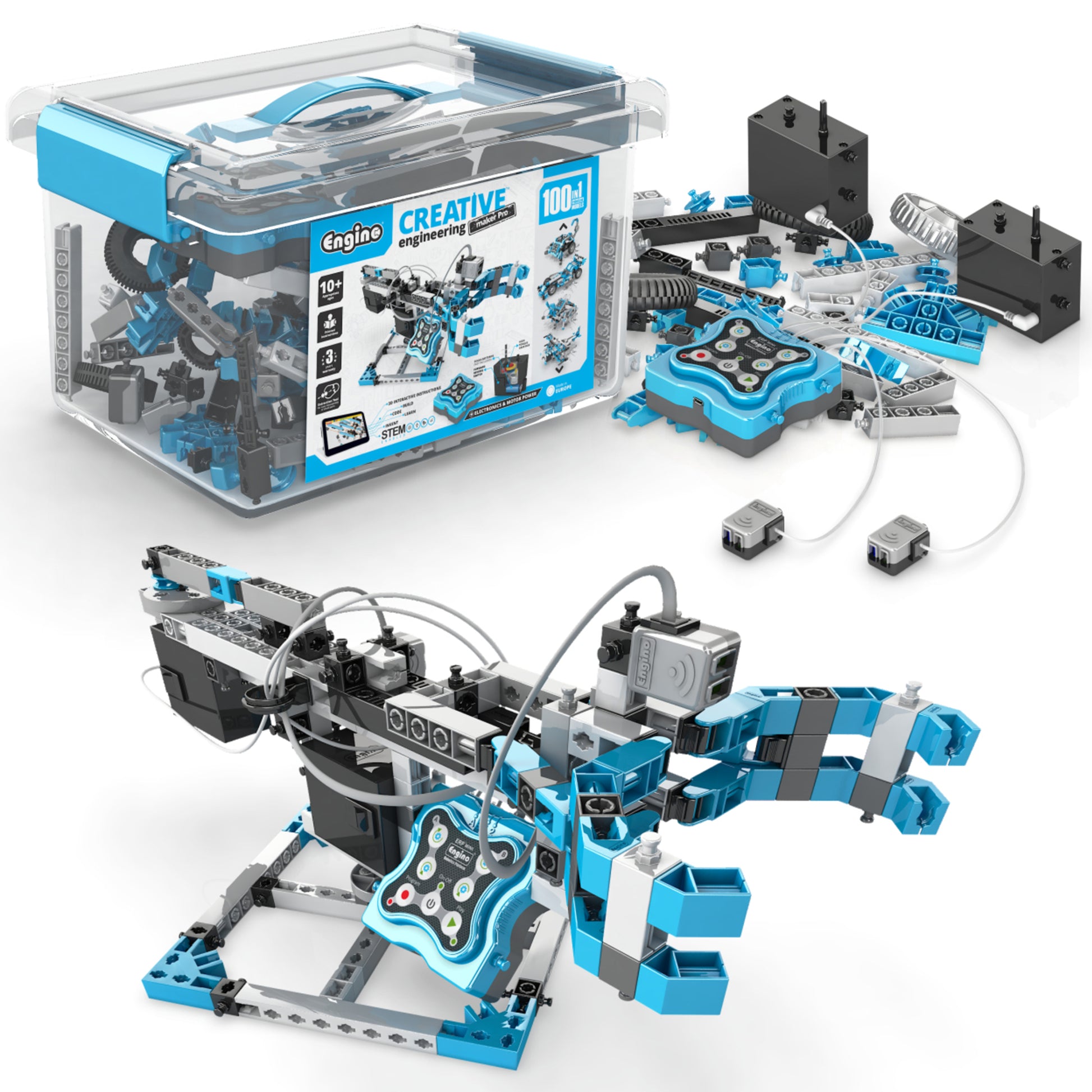 Engino Creative Engineering Maker Pro building set with blue and black plastic components, storage container, control panel, motors, sensor modules, and assembl
