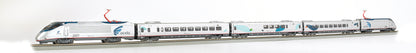 Bachmann Trains Amtrak Acela HO scale electric train set, multi-car passenger train with white and blue livery on plain background