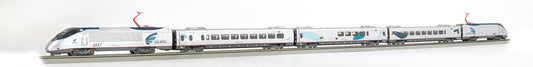 Bachmann Trains Amtrak Acela HO scale electric train set, multi-car passenger train with white and blue livery on plain background