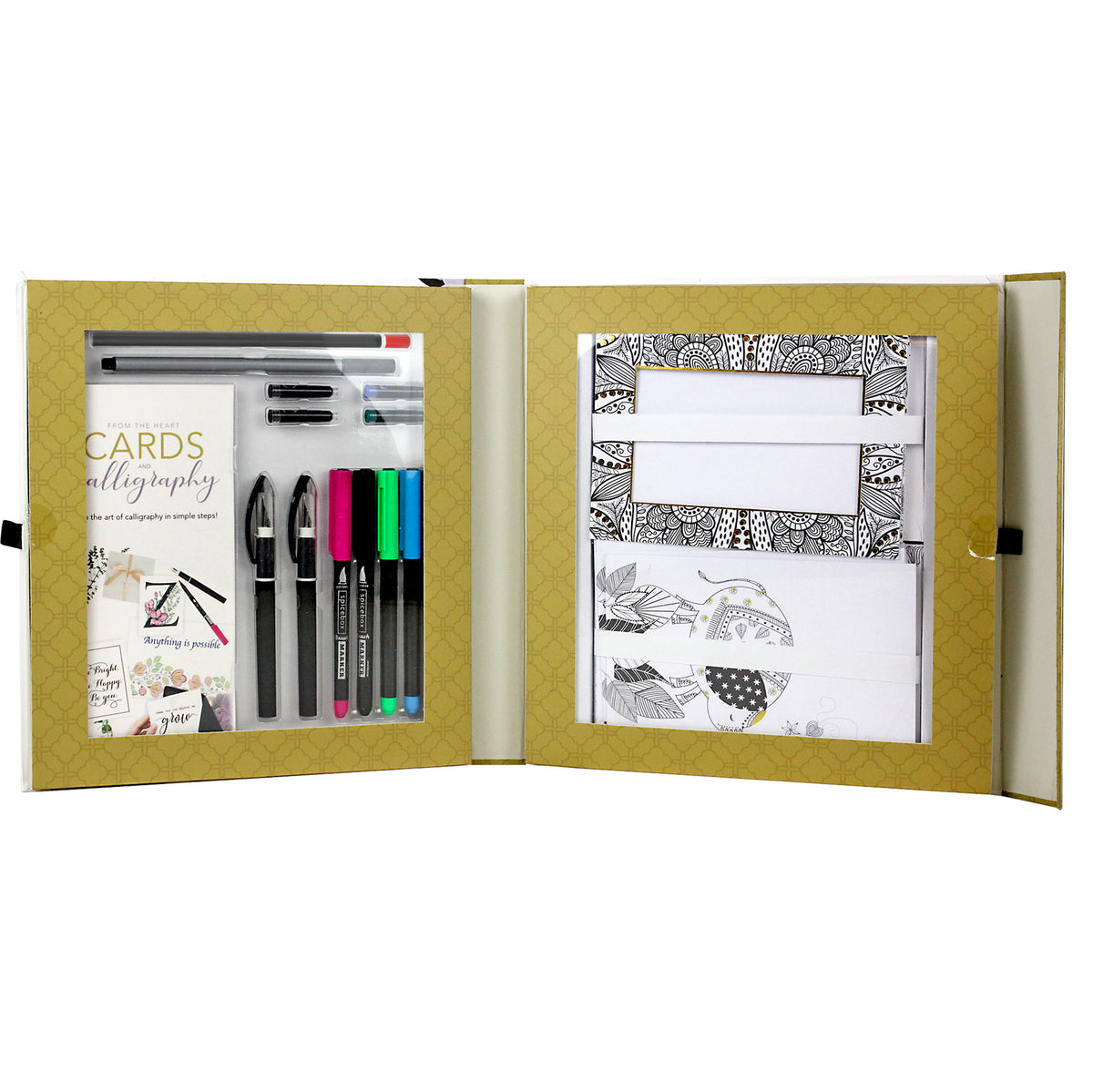 Sketch Plus Cards & Calligraphy kit open box showing calligraphy pens, brush markers in black, pink, green, and blue,...