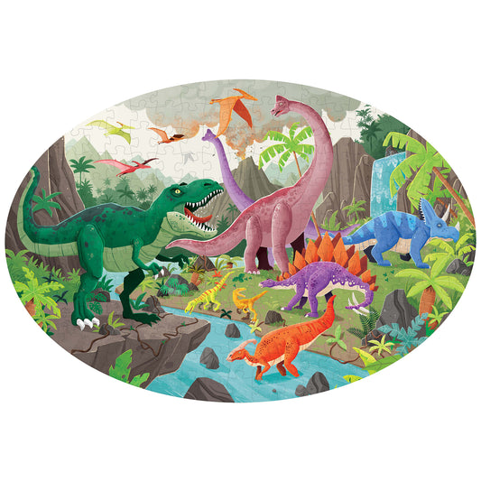 Oval-shaped dinosaur puzzle featuring colorful illustrated dinosaurs in a jungle landscape with water, rocks, and tropical plants