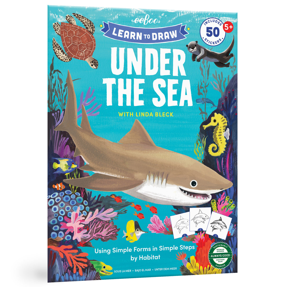 eeBoo Learn to Draw Under the Sea book cover featuring sea creatures including a shark, turtle, seahorse, and tropical fish surrounded by colorful coral and sea