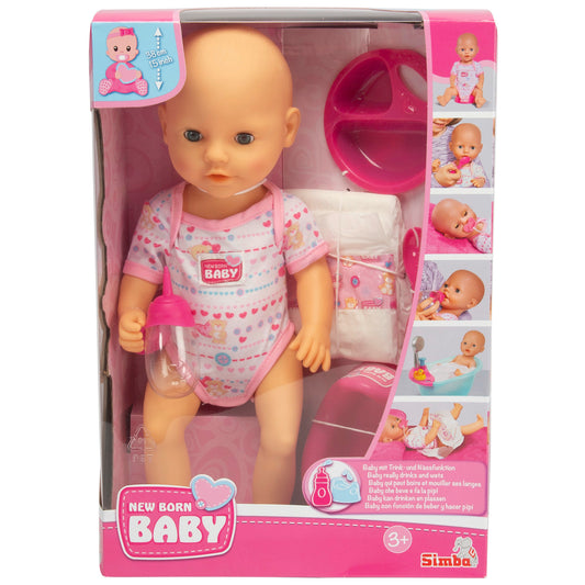 New Born Baby 15-inch doll with pink heart onesie, includes bottle, diaper, and accessories in packaging
