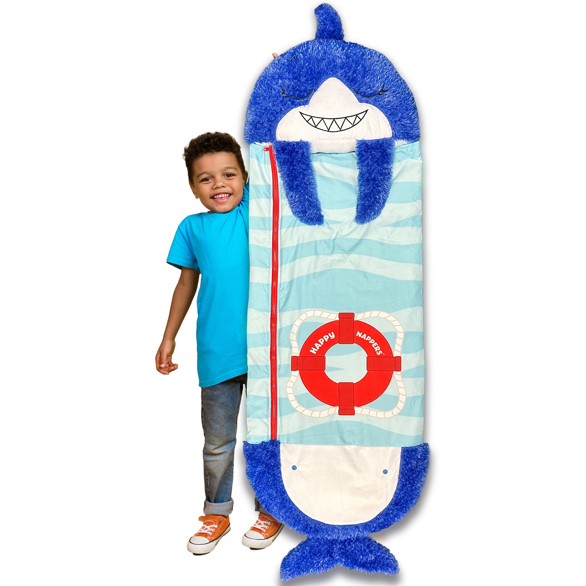 Happy Nappers Blue Shark Medium Pillow Sleepy Sack with child
