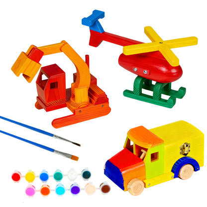 Easy Playhouse 3pc Wood Building Toy Kit with colorful wooden vehicles, paint brushes, and paint colors