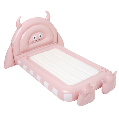 Pink inflatable monster-shaped kids bed with horns, character face on headboard, white sleeping surface, and claw feet
