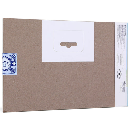 Piece&Love Mushroom Watercolor Pad packaging shown from above, displaying brown cardboard box with white label window and decorative blue stamp on corner