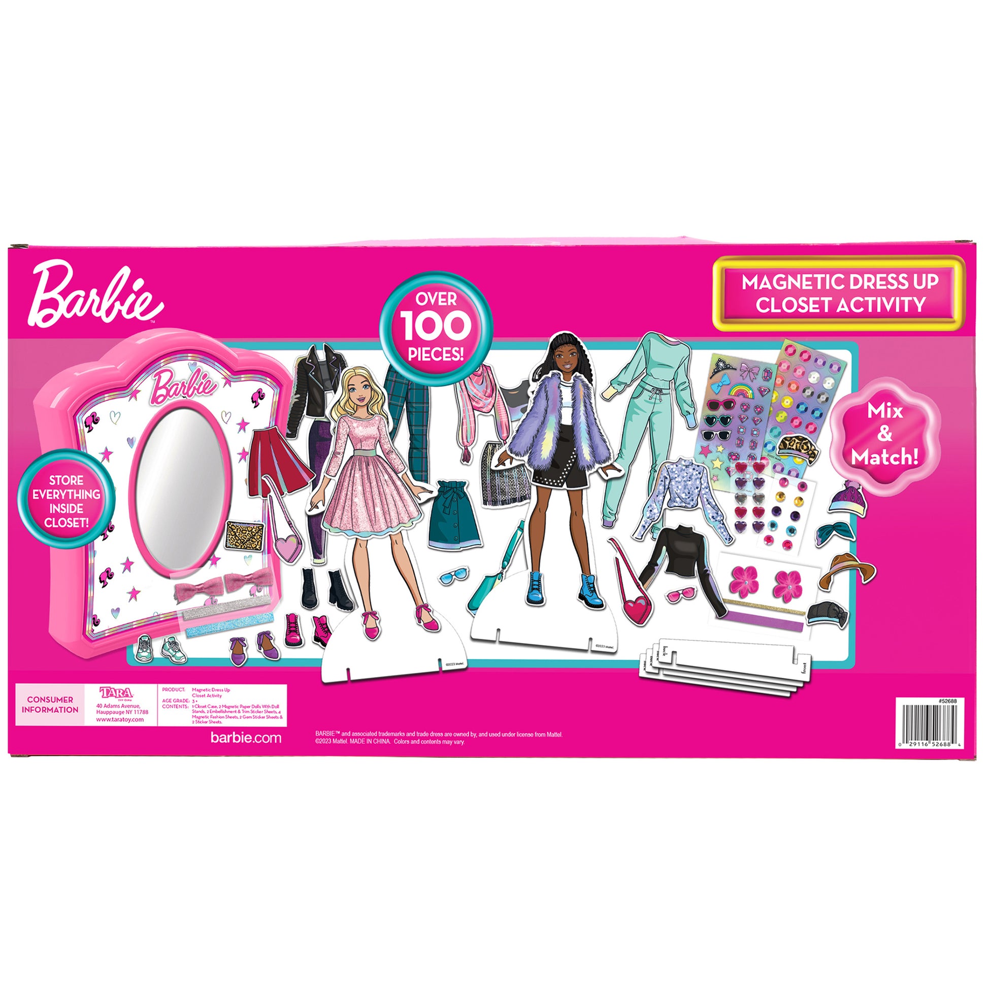 Barbie Magnetic Dress Up Closet Activity with over 100 pieces and two dolls in pink packaging
