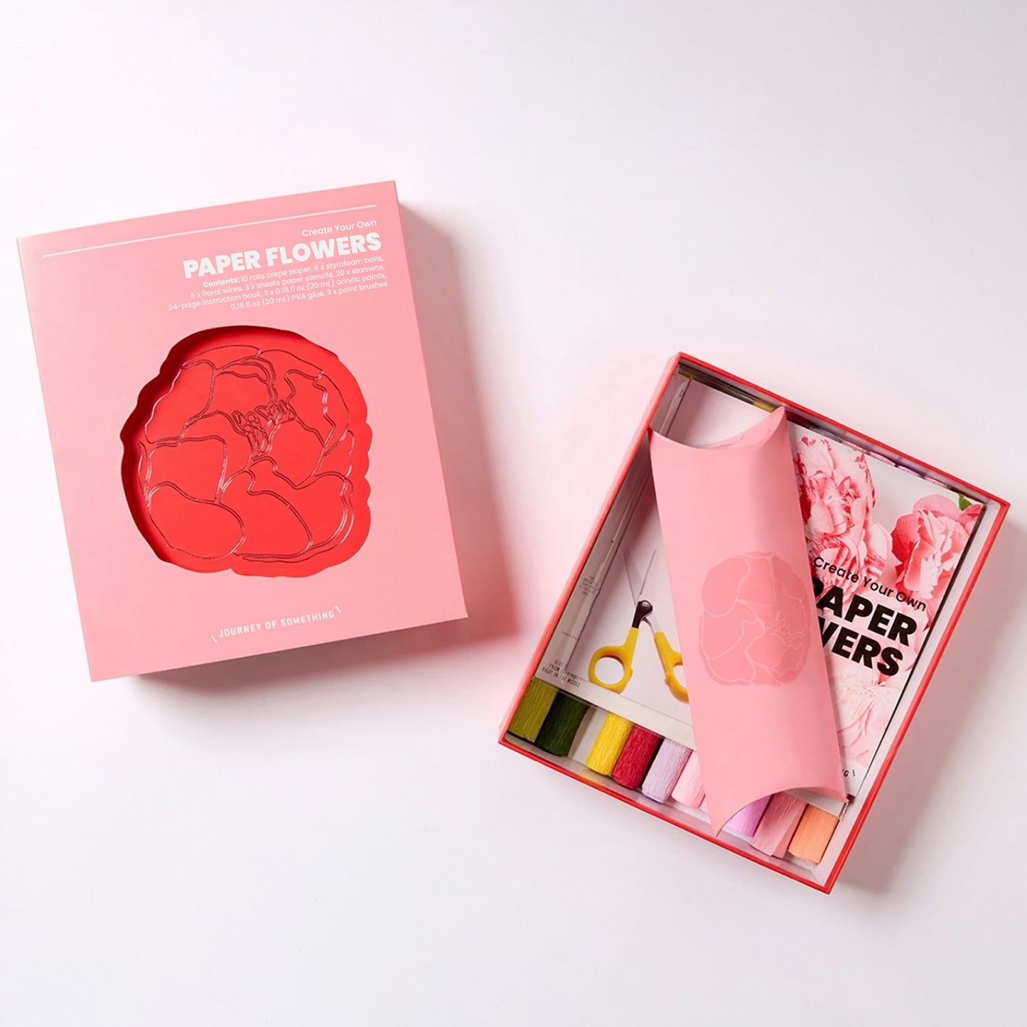 JOS Create Your Own Paper Flowers craft kit with red flower mold, scissors, and colorful paper strips