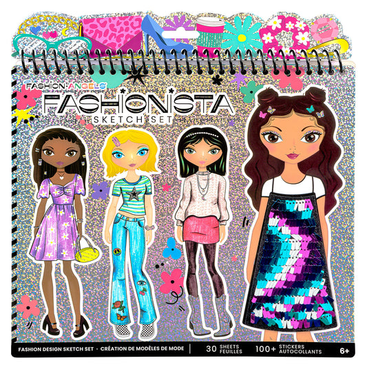 Fashion Angels Fashionista Sketch Set spiral-bound portfolio with illustrated character figures, colorful floral designs, glitter background, and text showing 3
