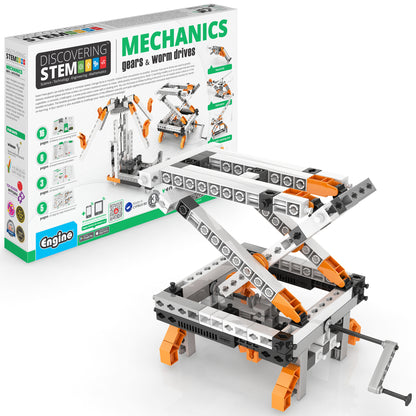 Engino Discovering STEM Mechanics gears worm drives building set with orange white and black pieces